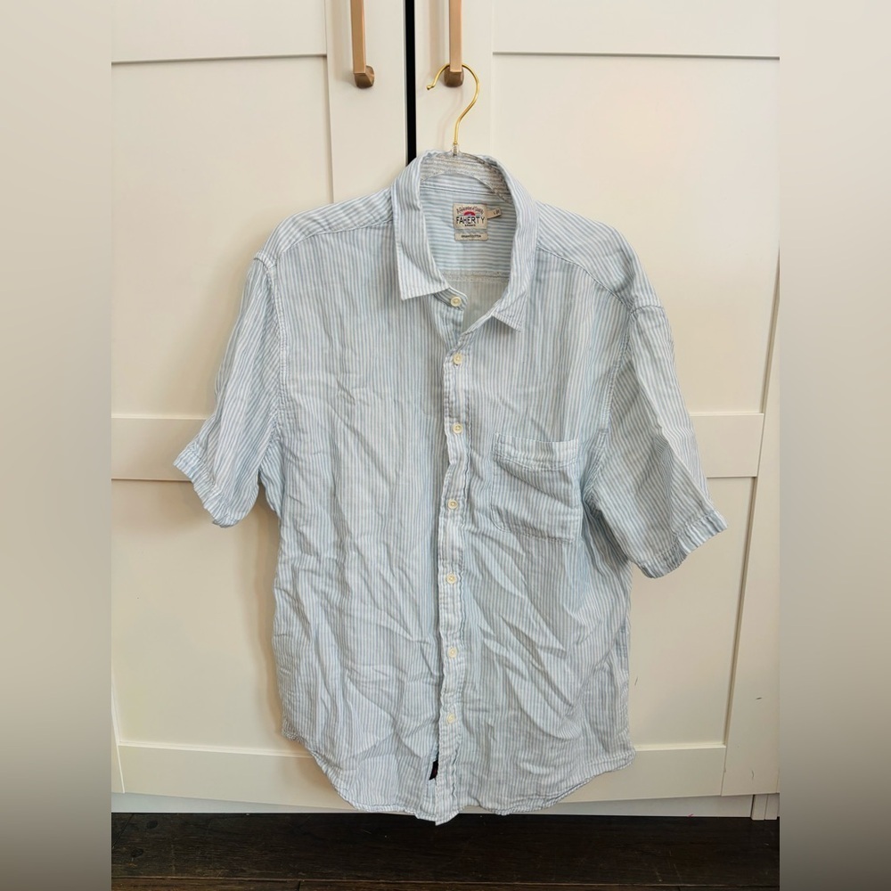 Faherty Light Blue and White Pinstripe Button Down Casual Shirt Organic Cotton